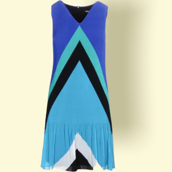 DKNY Blue Pleated Chiffon V-Neck Midi Shift Dress in a size 10 NWT - Picture 2 of 7